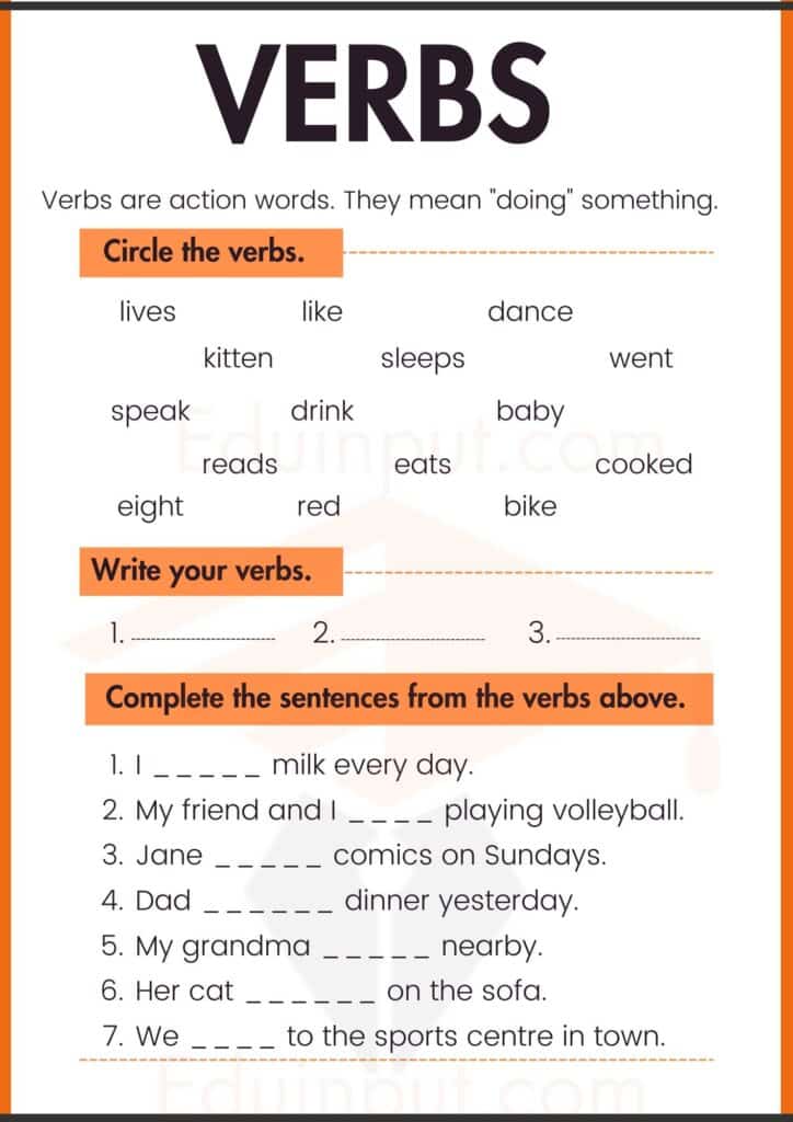 Verbs are action words. worksheets 5