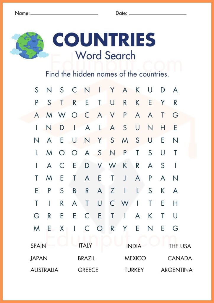 countries word search worksheets 3