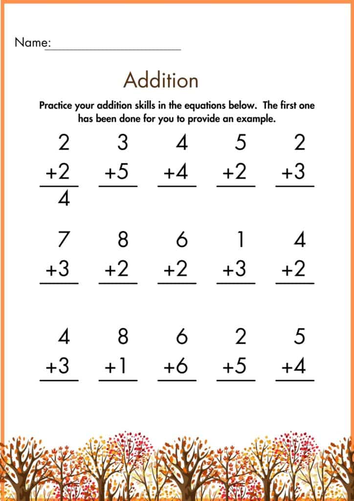 image showing Addition fall math worksheet