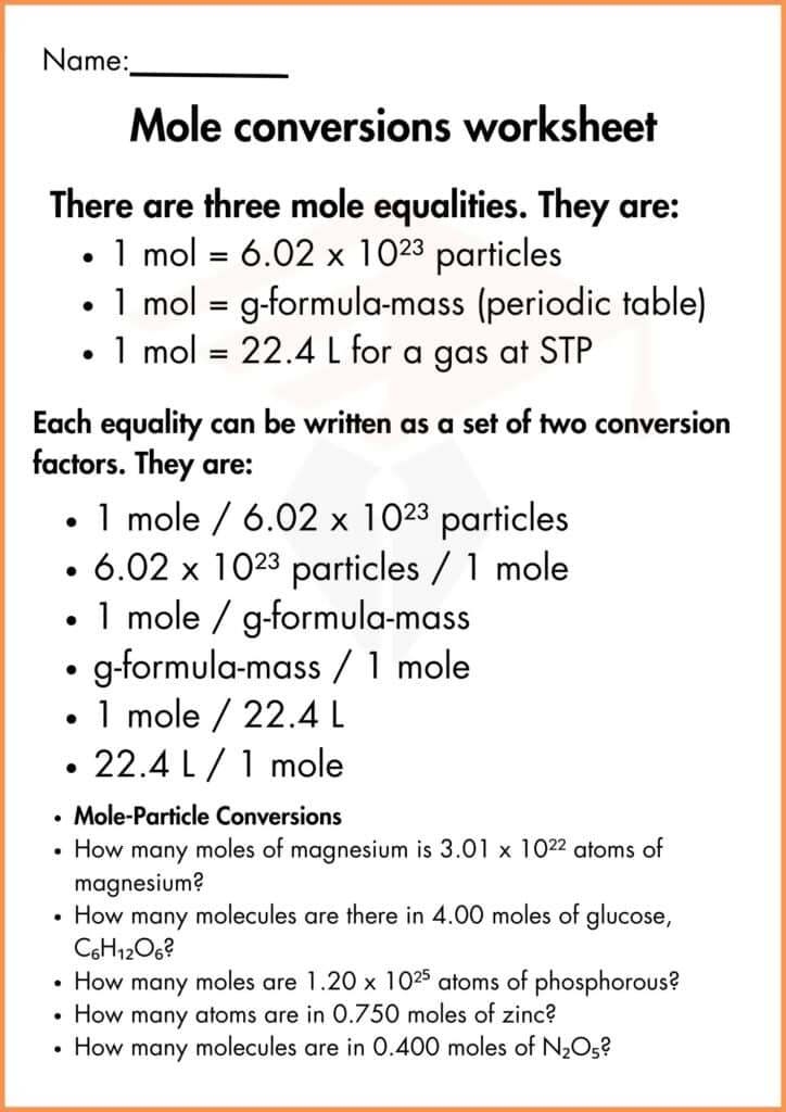 image showing Mole particle conversation worksheet