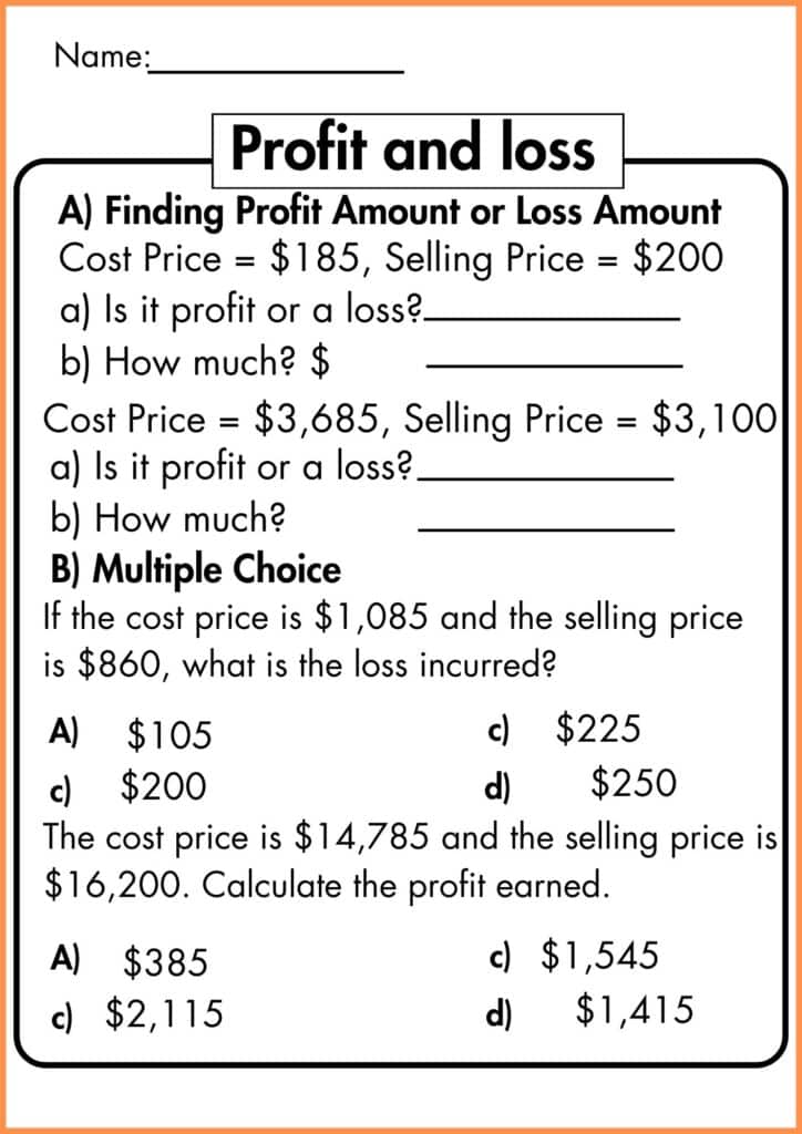 image showing finding profit and loss amount worksheet