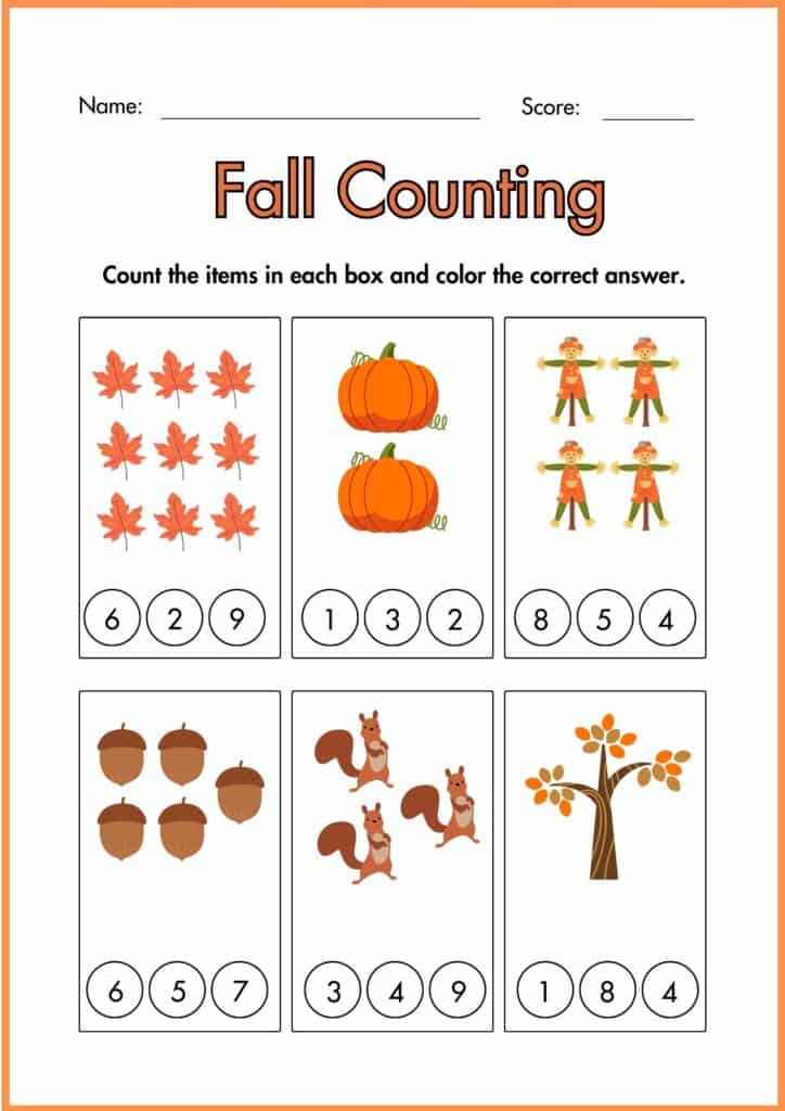 image showing fall counting worksheet