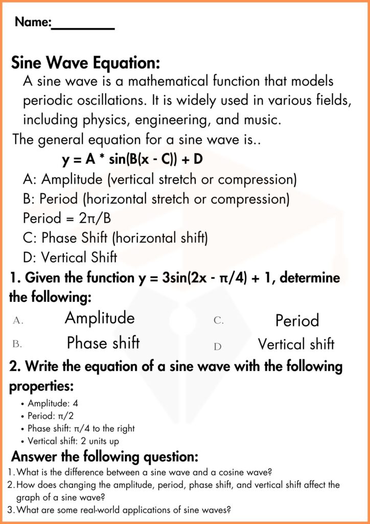 image showing sine wave solve Equation worksheet