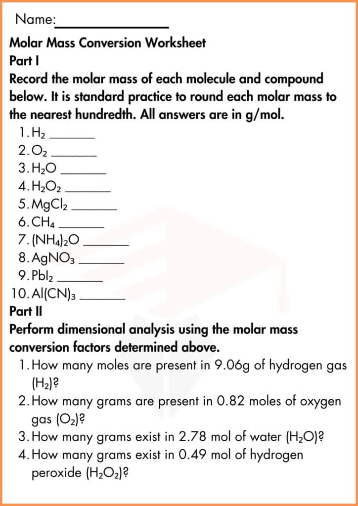 image showing molar mass conversion worksheet