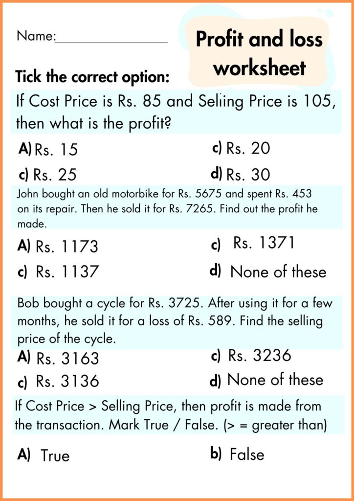 image showing solve quiz Profit and loss worksheet