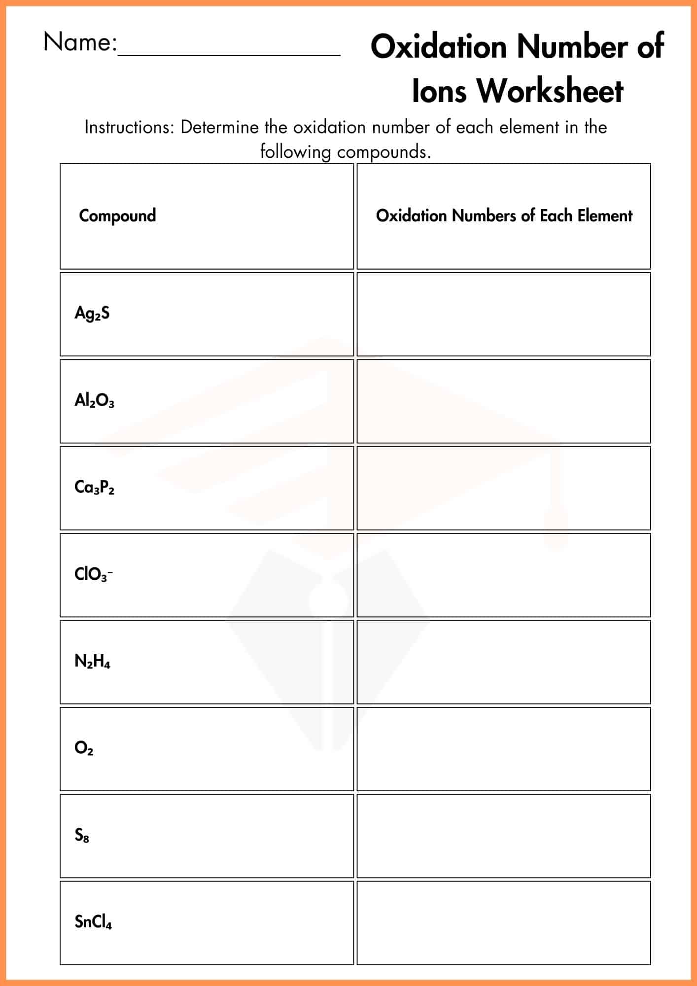 Oxidation Numbers Worksheet