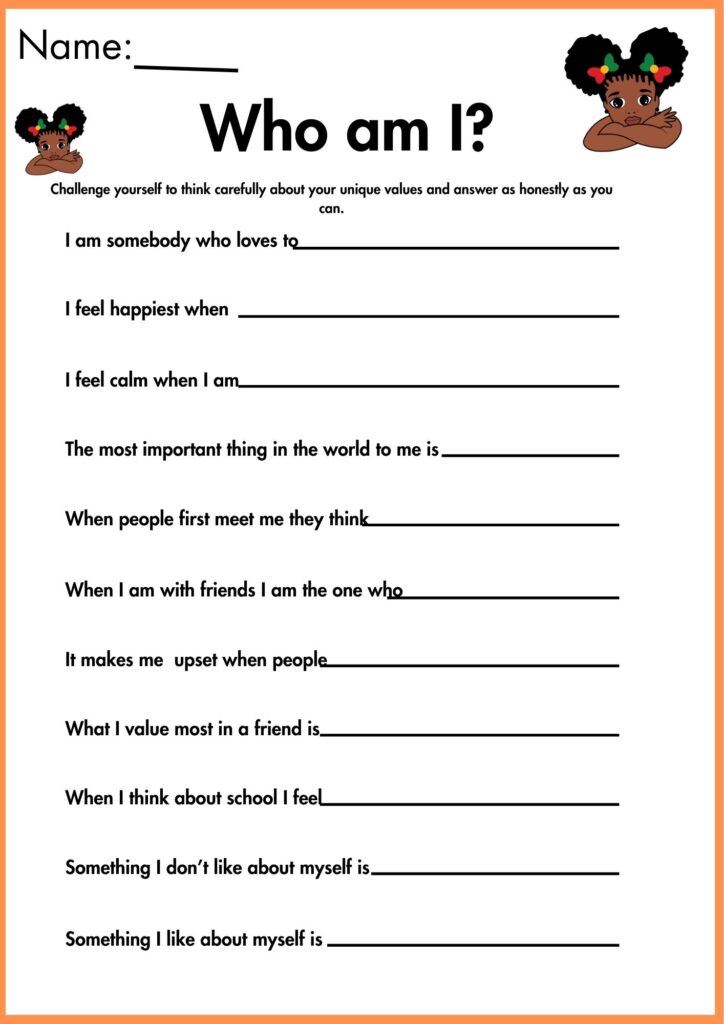 image showing who i am challenge your self worksheet