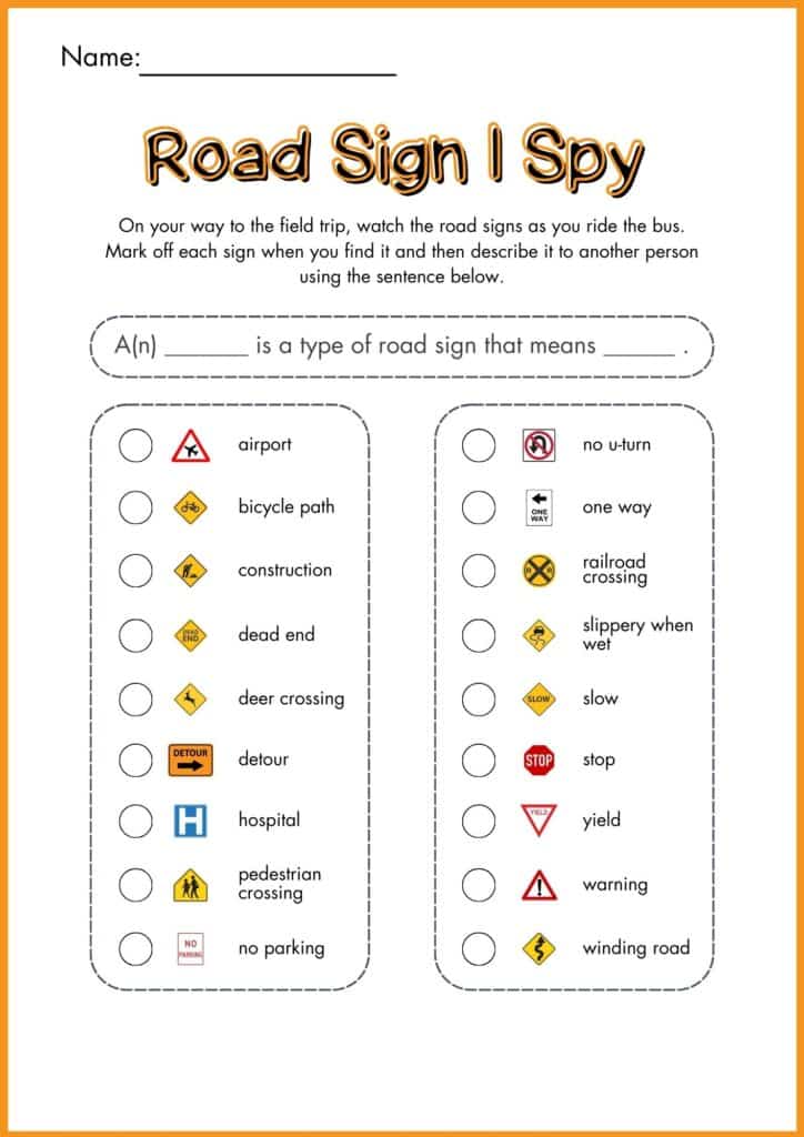 image showing Road Sign I Spy road sign worksheet 