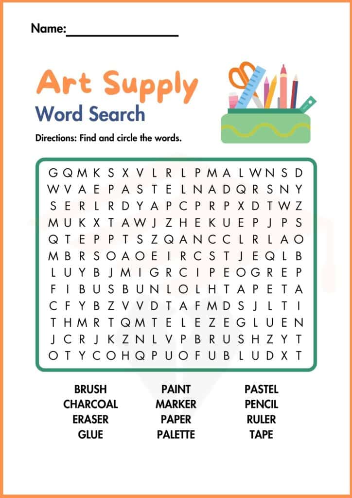 image showing art supply word search worksheets 