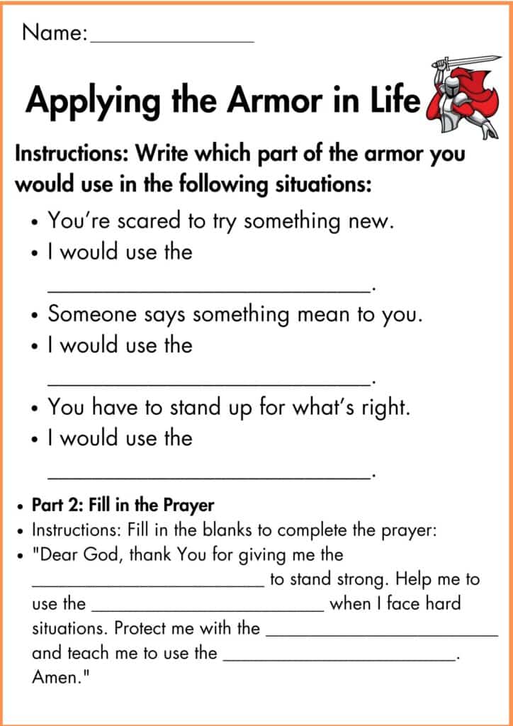 image showing write part The Armor of God worksheet 